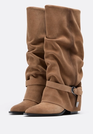 Кожаные сапоги-ботфорты на каблуке- Заказать в России