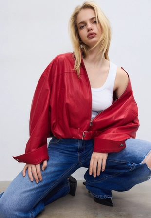 Куртка-баллон с поясом из искусственной кожи- Заказать в России