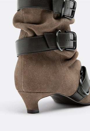 Кожаные ботильоны на среднем тонком каблуке с ремешками- Заказать в России