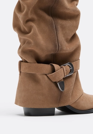 Кожаные сапоги-ботфорты на каблуке- Заказать в России