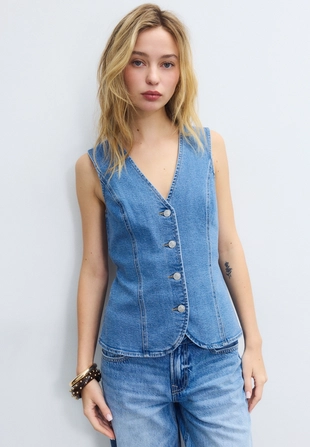 Приталенный джинсовый топ- Заказать в России