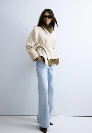 High neck leather effect trench coat- Заказать в России