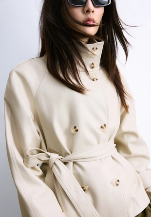 High neck leather effect trench coat- Заказать в России