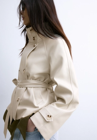 High neck leather effect trench coat- Заказать в России