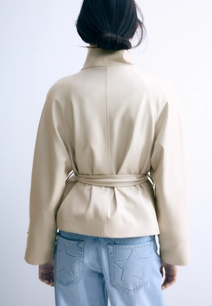 High neck leather effect trench coat- Заказать в России