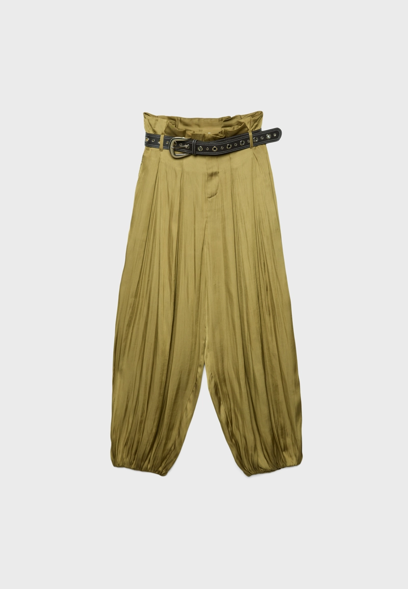 Атласные брюки с низкой проймой и поясом