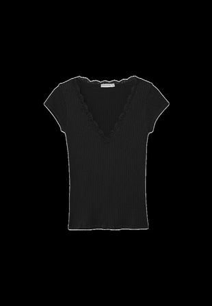 Футболка в рубчик с V-образным вырезом и кружевом- Заказать в России