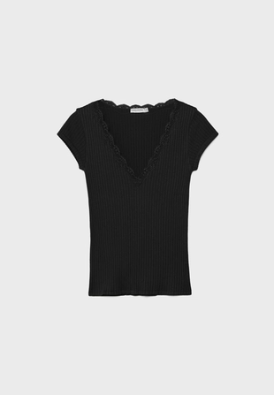 Футболка в рубчик с V-образным вырезом и кружевом- Заказать в России