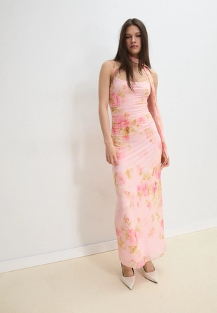 Платье миди с принтом и полупрозрачной тканью- Заказать в России