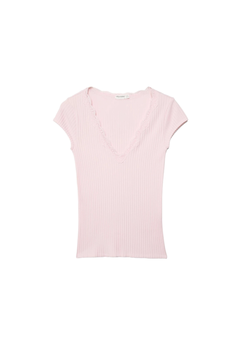 Футболка в рубчик с V-образным вырезом и кружевом