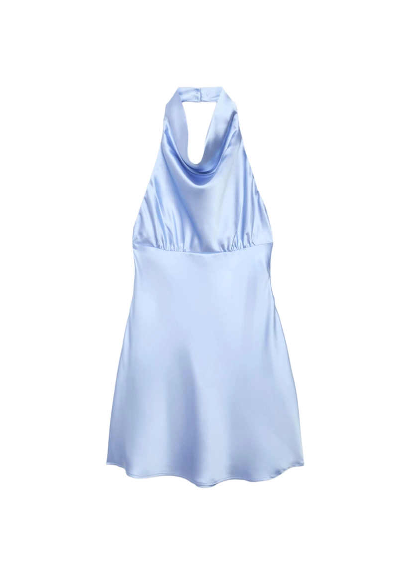 Короткое атласное платье с горловиной халтер