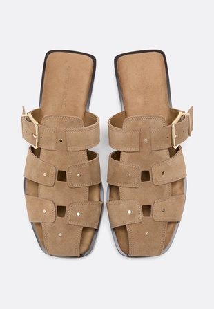 BEIGE|9124/770 - Stradivarius Кожаные сандалии с ремешками и пряжкой без задника