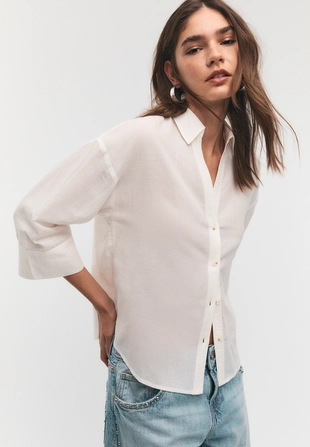 Рубашка с рукавом в стиле кимоно, эффект льна- Заказать в России