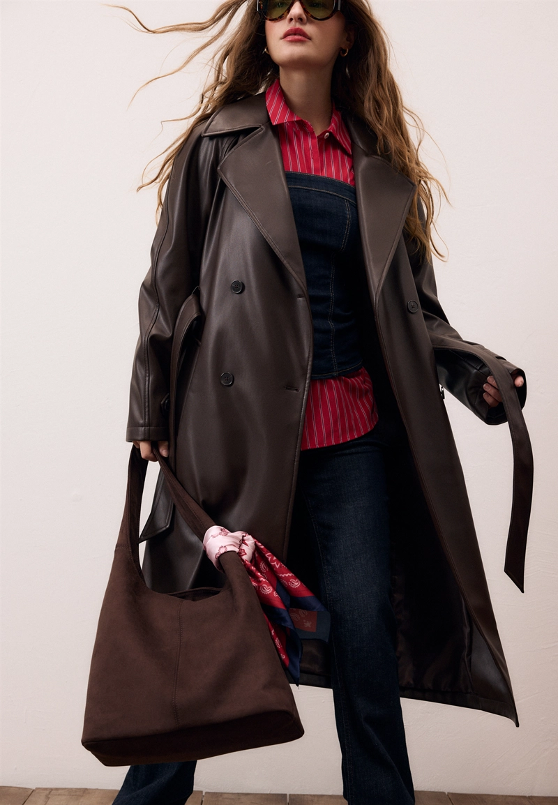 Длинный тренч из искусственной кожи