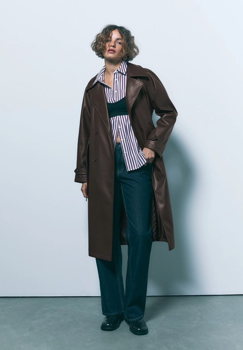 Длинный тренч из искусственной кожи