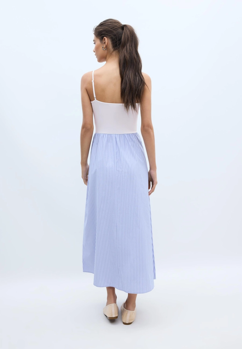 Платье миди из двух видов ткани на бретелях