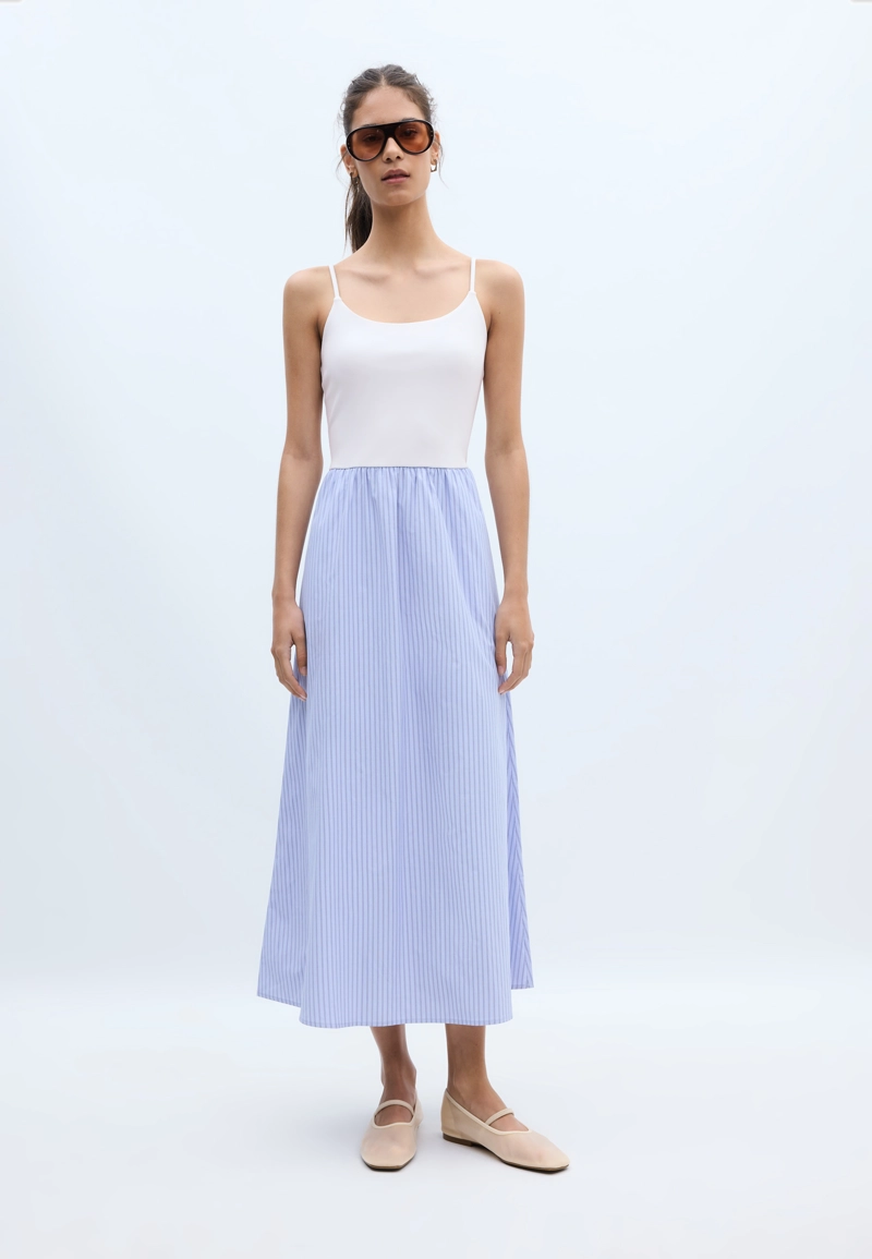 Платье миди из двух видов ткани на бретелях