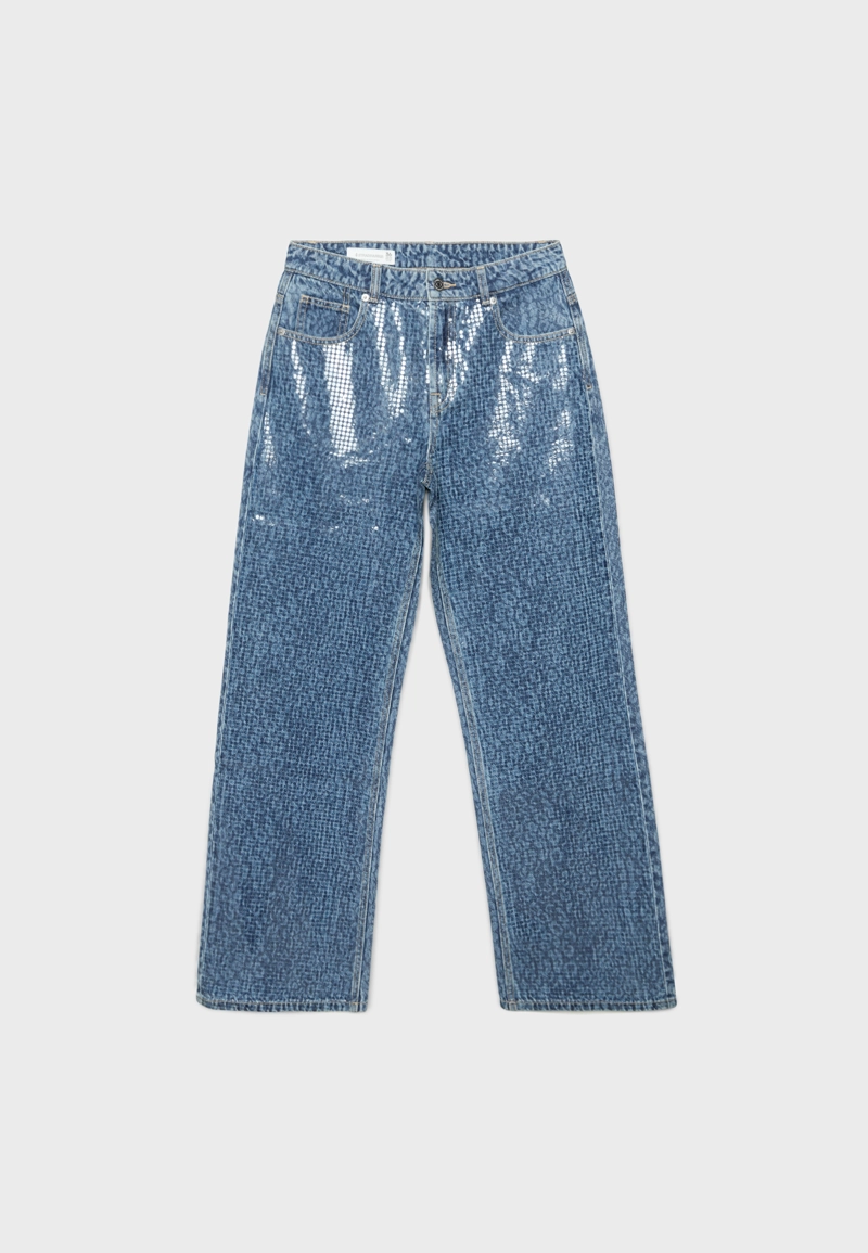 Джинсы прямого кроя с леопардовым принтом и блестящей отделкой