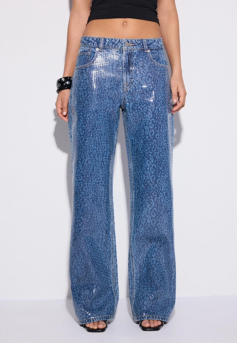 Джинсы прямого кроя с леопардовым принтом и блестящей отделкой