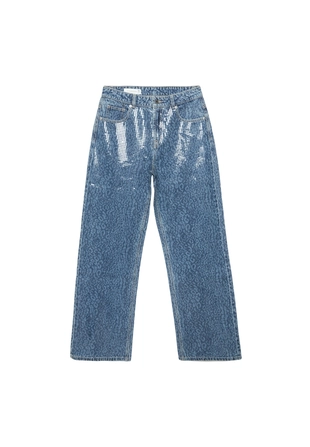 Джинсы прямого кроя с леопардовым принтом и блестящей отделкой- Заказать в России