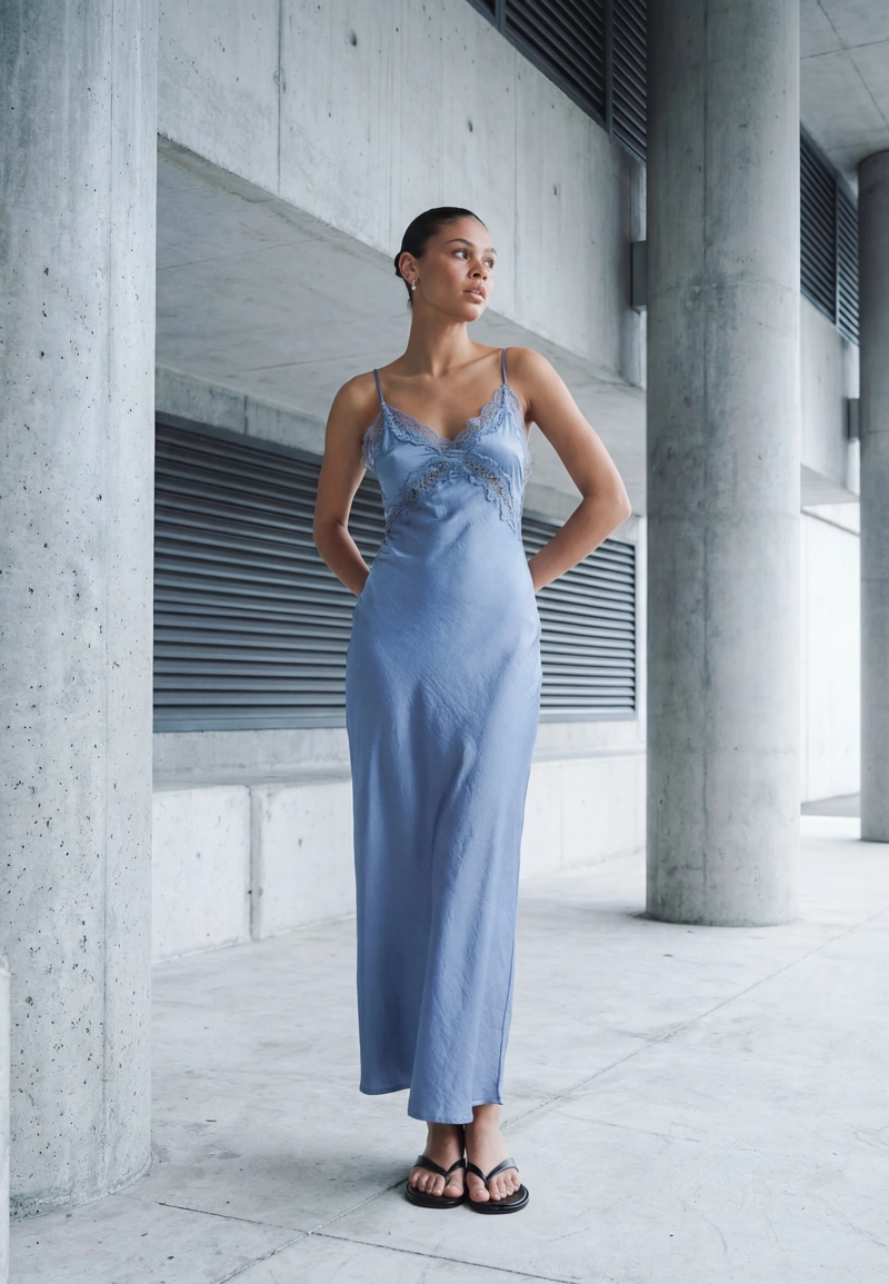 Платье миди с атласной отделкой и кружевом