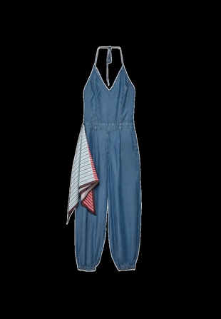 Джинсовый комбинезон с горловиной халтер и платком- Заказать в России