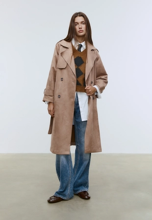 Длинный тренч из искусственной замши- Заказать в России